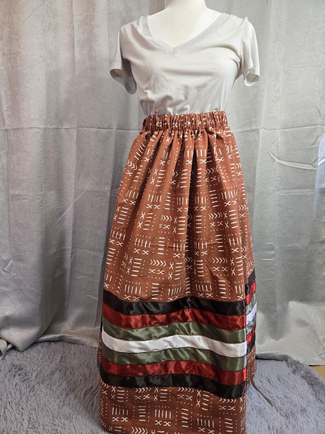 Handmade Indigenous Ribbon Skirt| Burnt Orange Geometric | Sew What by Paige