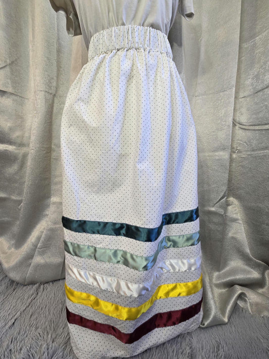 Handmade Indigenous Ribbon Skirt| White patterned Colorful | Sew What by Paige