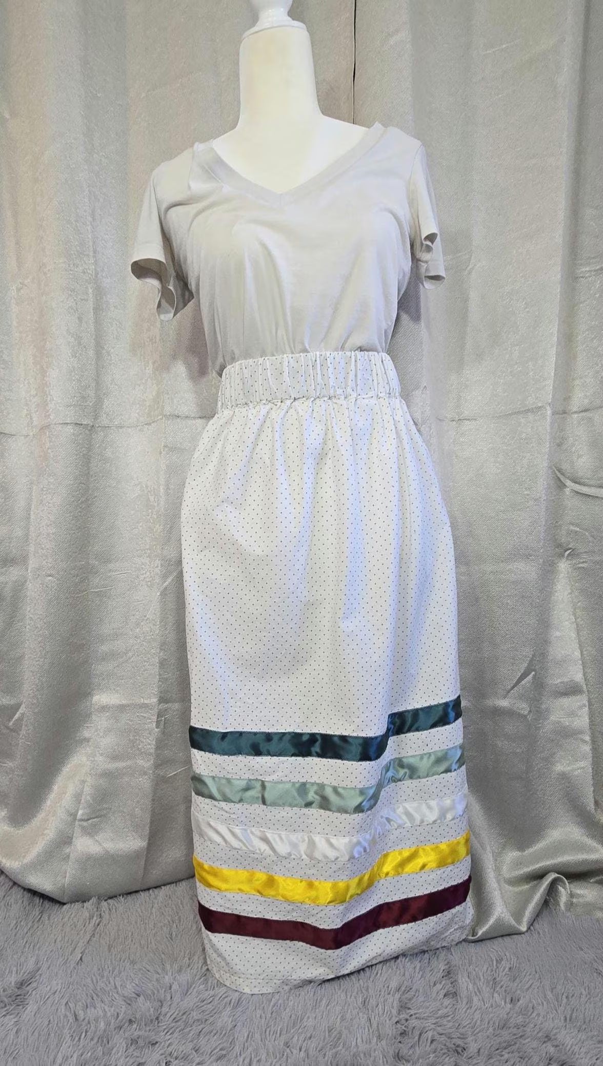 Handmade Indigenous Ribbon Skirt| White patterned Colorful | Sew What by Paige
